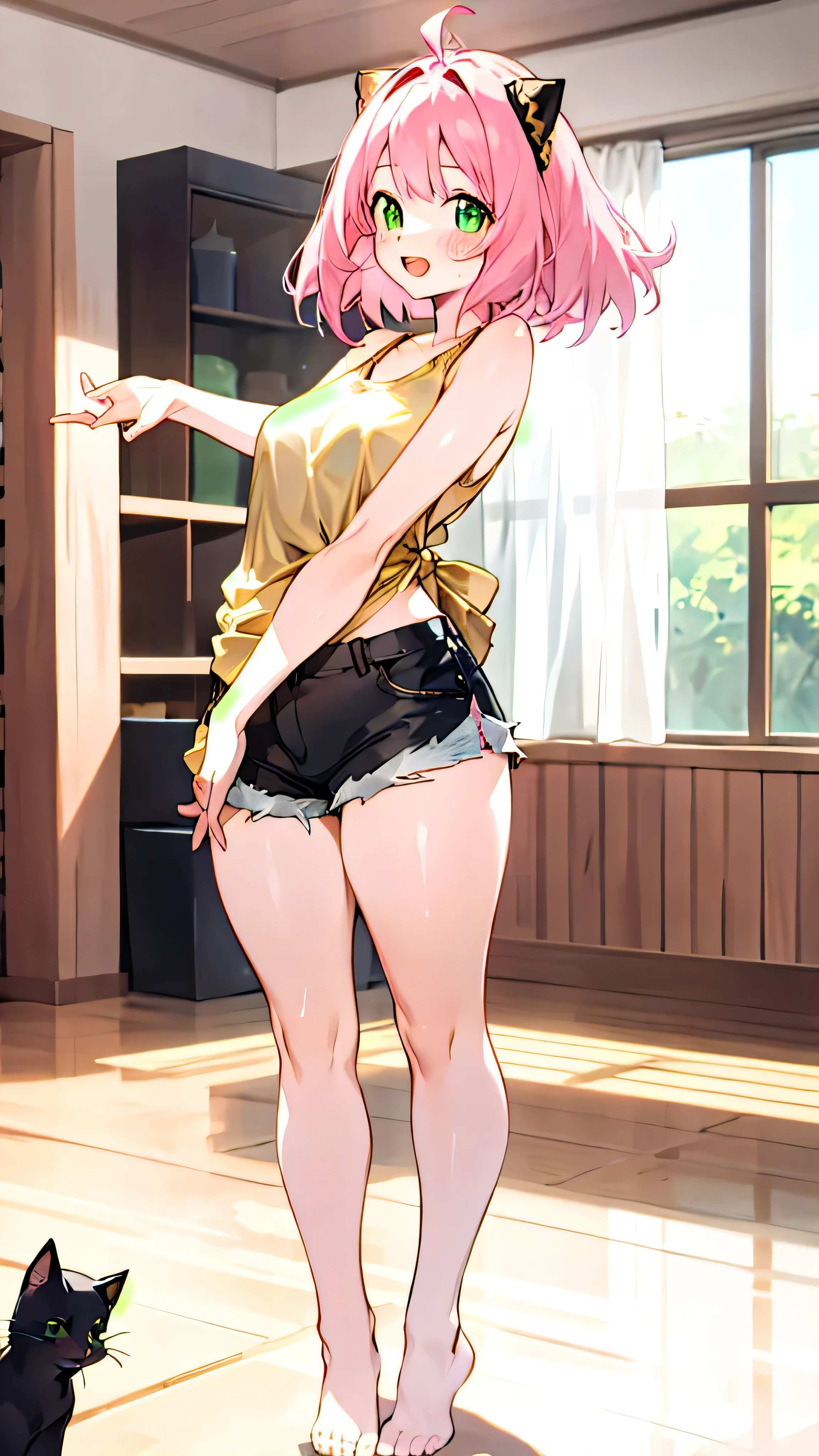 1girl, Pink hair, green eyes, smiling expression, blushing cheeks, a short white tank top with no bra, black shorts, no shoes, black and gold cat ears headband, indoors, standing, adult:1.5), looking at the viewer, open mouth, curvy hips, long legs, buttchicks, no sacks,