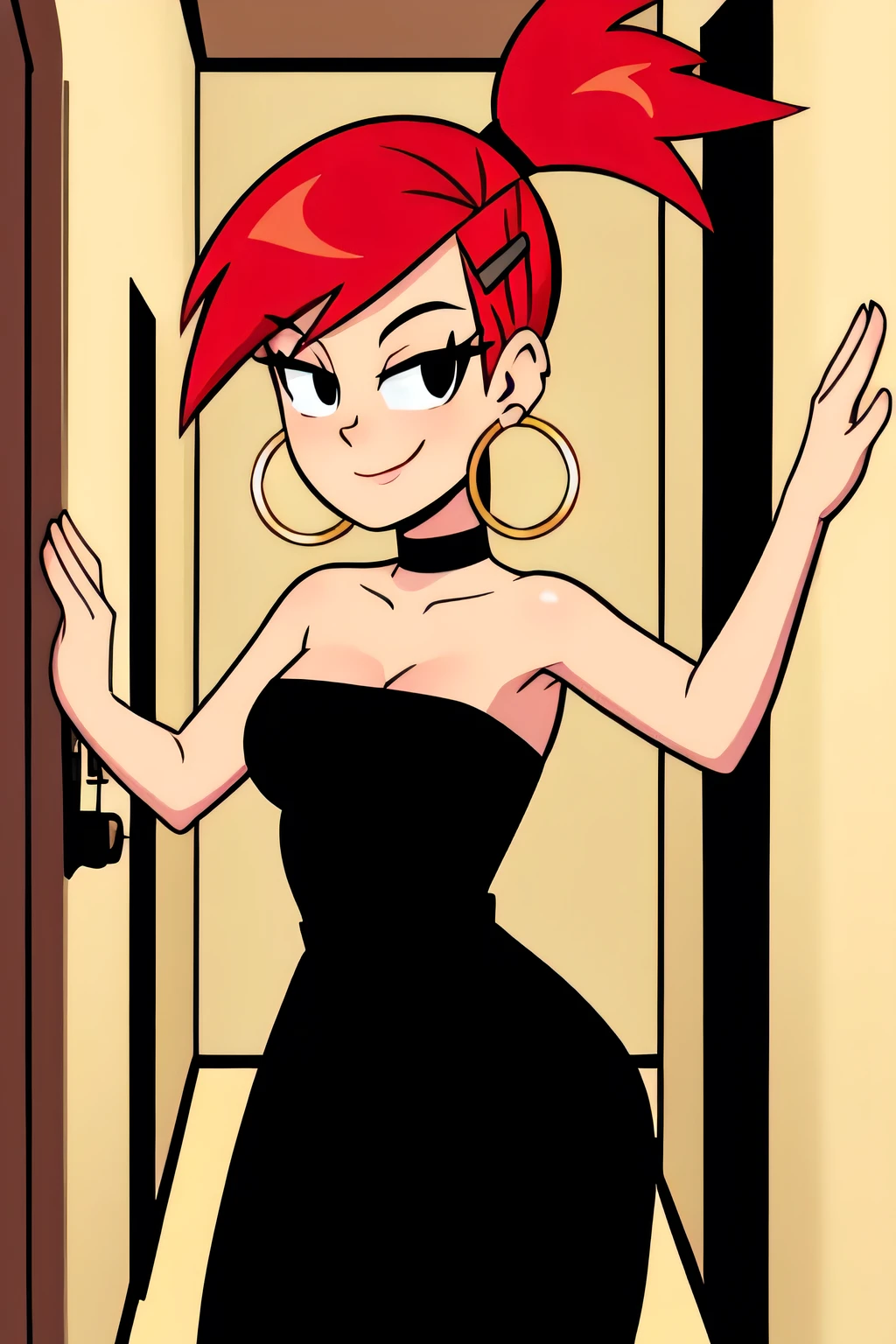 frankie foster, FostersStyle, (black pupils), red hair, strapless, black eyes, black dress, gold hoop earrings, sexy posing, hair clip, standing, medium breasts, ponytail, seductive smile, cowboy shot, hallway