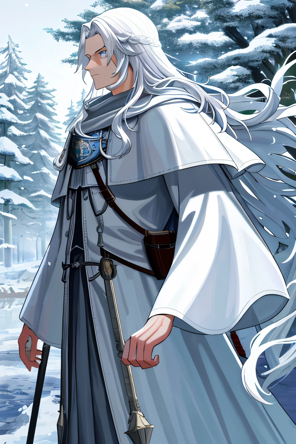 A captivating image of a knight, immersed in the heart of a tranquil forest. The knight, with his shining armor and long, wavy hair cascading down his back, offers a striking figure against the backdrop of the wintery scenery. The forest is adorned with snow-covered pine trees, their branches reaching for the sky, and a mist of steam rising from the ground, creating an ethereal atmosphere. The knight's face is framed by a visor, but his bright, blue eyes still manage to convey a sense of determination and bravery, as they gently meet the viewer's gaze. A brilliant red cape billows behind him,