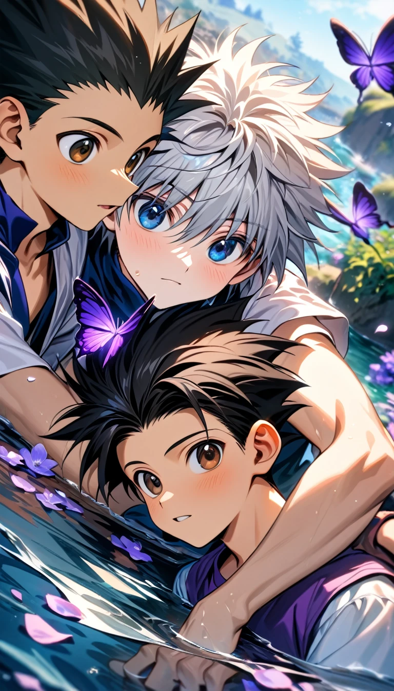 absurdres, highres, ultra detailed, HDR, master piece, best quality, Killua Zoldyck, white hair, expressive blue eyes, Hunter x Hunter, Gon Freecss, black hair, expressive brown eyes, two men together, gay couple, cute, yaoi, water, purple butterflies, purple flowers, petals
