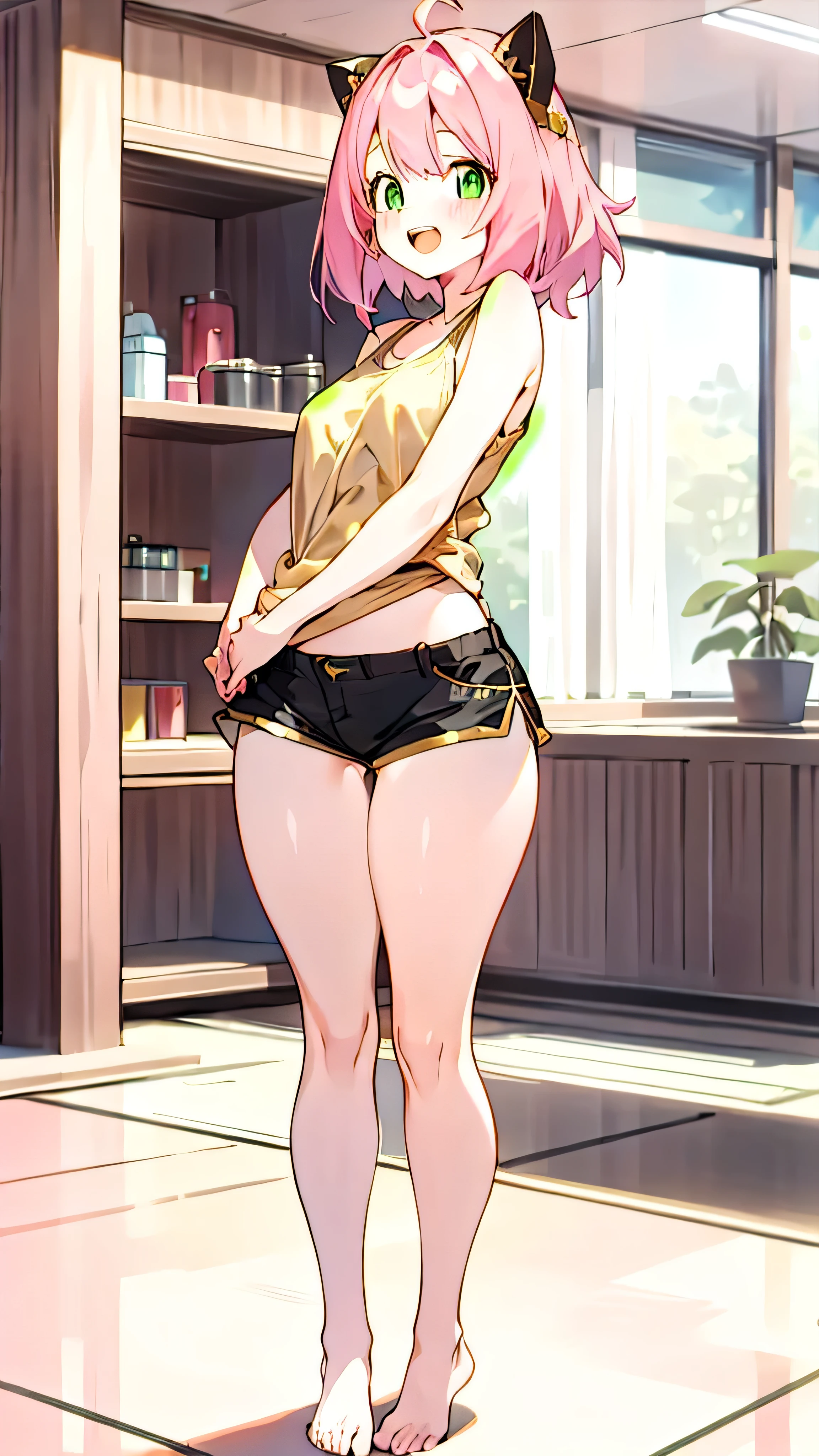 1girl, Pink hair, green eyes, smiling expression, blushing cheeks, a short white tank top with no bra, black shorts, no shoes, black and gold cat ears headband, indoors, standing, adult:1.5), looking at the viewer, open mouth, curvy hips, long legs, buttchicks, no sacks, 