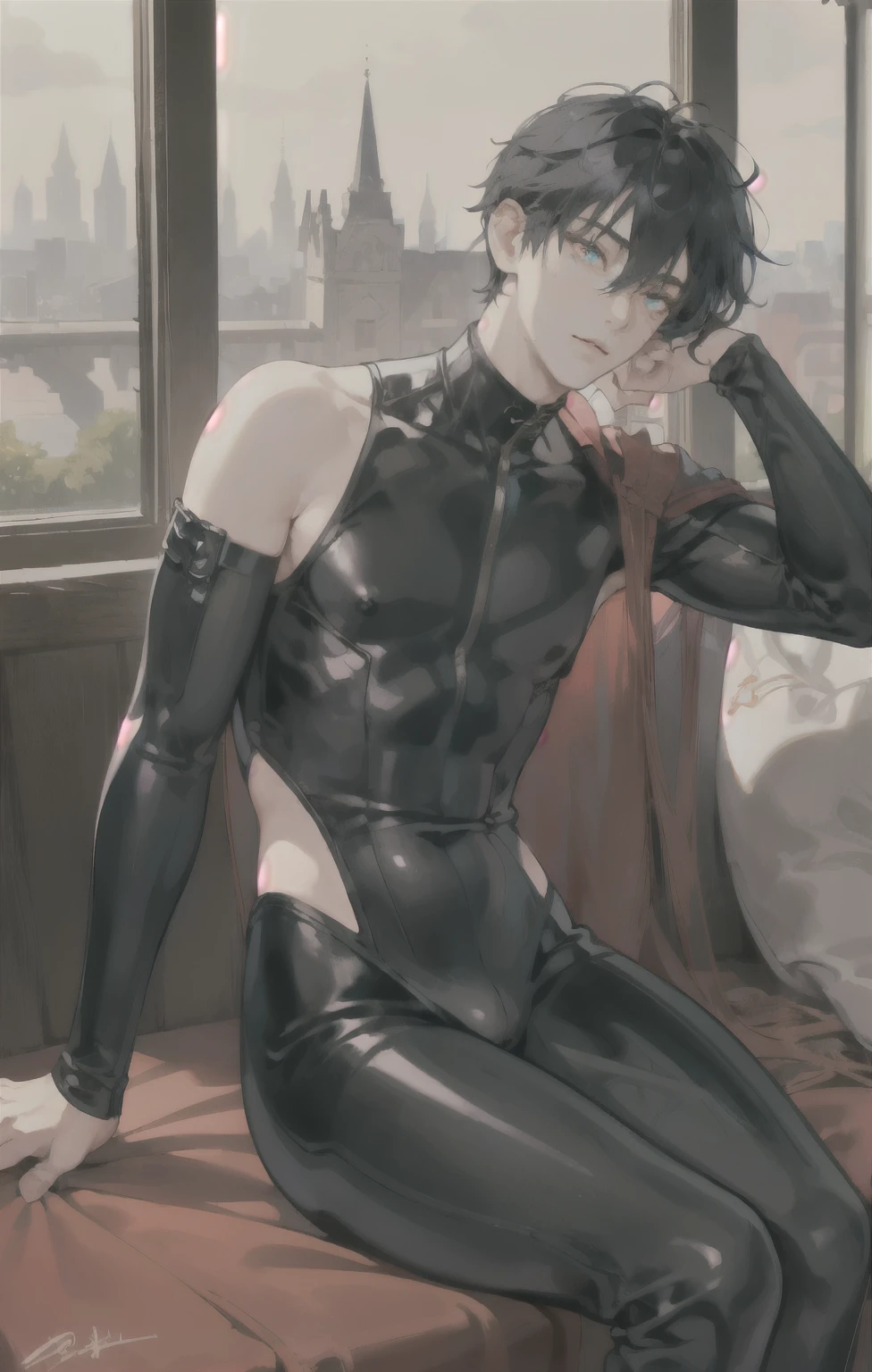 masterpiece, best quality, ultra detailed, (solo man), (male focus), ((young adult man)), ((Oblong face)), ((Square jawline)), black hair, ((hairs between eyes)), ((shoulder length)), ((narrow blue eye)), fair skin, slim weak body, beauty mark, nsfw, Leather catsuit costume, sitting