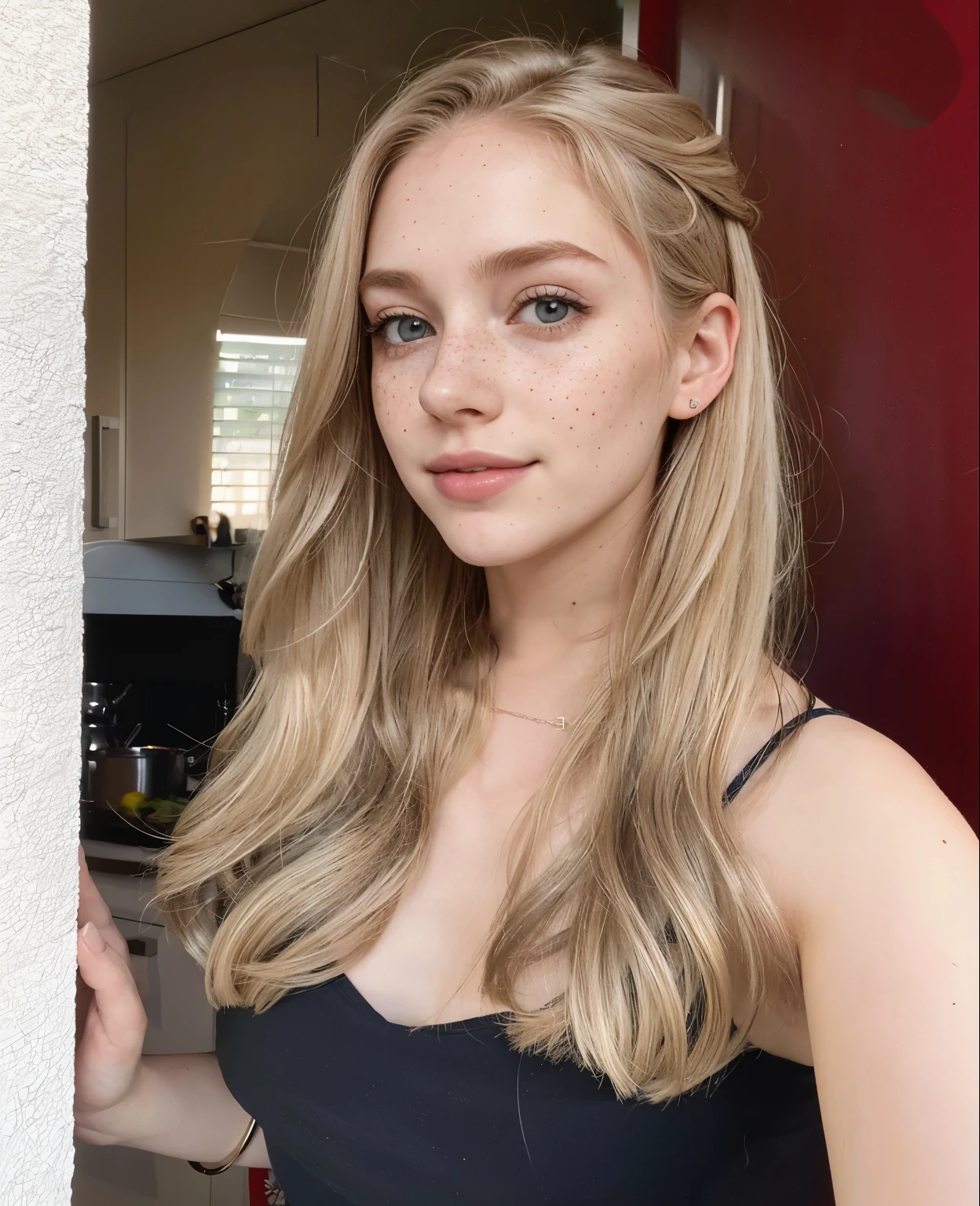 mulher, americana, 25 anos, pale skin and freckles, olhos cinzas, nariz delicado, soft and delicate lips, longo, cabelo blondie longo e ondulado na altura da cintura, sorriso meigo, face with delicate feminine facial features, altamente renderizado
