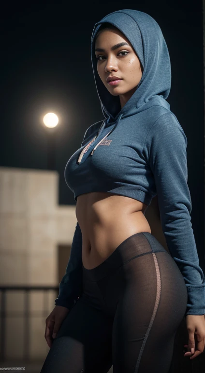RAW, 8k,Best quality, high resolution, artwork: 1.3, beautiful Malay woman in hijab, big breasts, beautiful big eyes, smiling, Intricate Details, Ultra Details, Ultra High Resolution, Masterpiece, random angles, (Delicate Blue Eyes: 1.21 ), Blue eyes, looking at the viewer, ((whole body) ), 1malay woman,((whole body)), wearing ((hoodie)),wearing leggings,whole body , standing in the park at night, beautiful face, ( ((black hijap, )),(detailed face), sensual lips, detailed face, thick thighs, perfect and detailed legs, ((moonlight)) photorealism, high contrast, photorealistic, 8k HD high definition detailed realistic, detailed, skin texture, hyper detailed, realistic skin texture, best quality, (photorealistic:1.4), high resolution, detailed, raw photo, photo realistic, (high detailed skin:1.2), 8k uhd, dslr, soft lighting, high quality, film grain, Fujifilm XT3), hyper realistic lifelike texture dramatic lighting unreal engine, even, neutral light, key light, bold, bright colours,