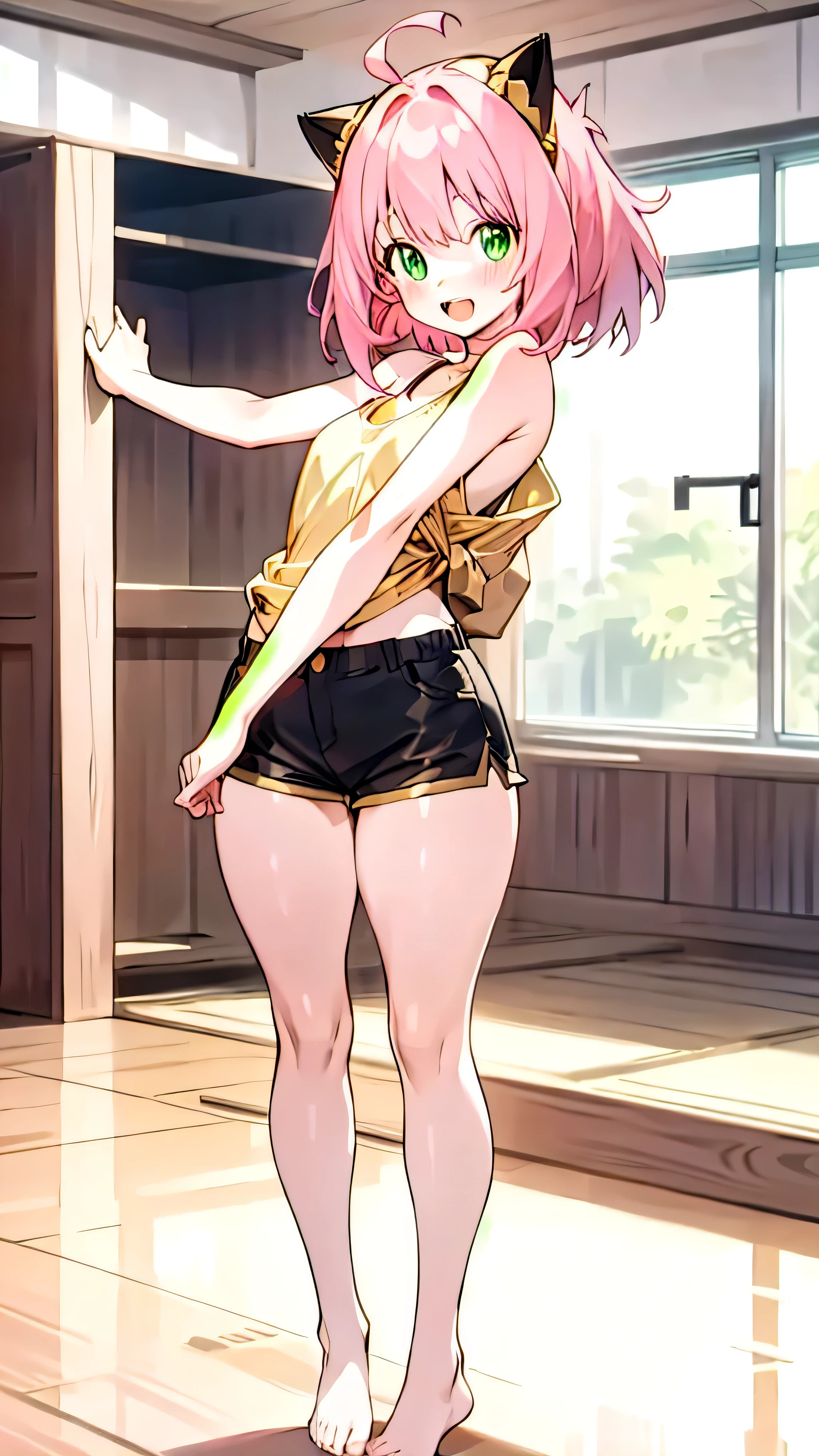 1girl, Pink hair, green eyes, smiling expression, blushing cheeks, a short white tank top with no bra, black shorts, no shoes, black and gold cat ears headband, indoors, standing, adult:1.5), looking at the viewer, open mouth, curvy hips, long legs, buttchicks, no sacks, 