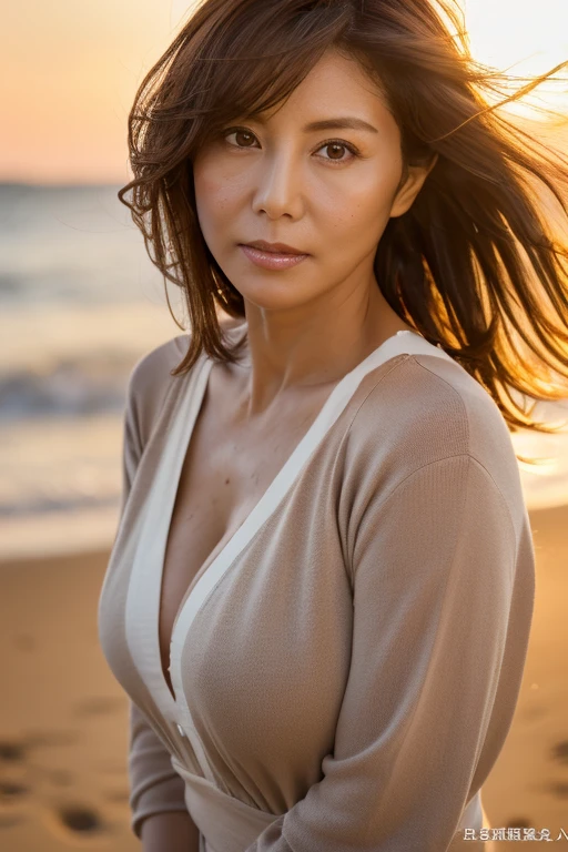 masterpiece, highest quality, High resolution, Photorealsitic, Raw photo, 8k wallpaper, perfection, Professional Lighting, Soft Light、Outdoor, Very detailed, Depth of written boundary,Sandy Beach、sunset, The sea breeze is strong、The wind is blowing((One beautiful woman, Japanese Mature)), (48yo)), Female Sexy, Detailed face, Beautiful Eyes, Shapely breasts, Boob Emphasis、I can see her cleavage、Light brown straight hair, (My hair is messed up by the wind:1.5), （One hand holds the hair:1.5)、 Faint lips, ((Stand in front、Staring at the beholder、Serious face eyes。)), Clothes wide open on the chest, Shoulderless knit dress、Cowboy Shot。
