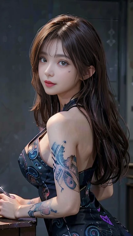 highest quality, shape, Very detailed, finely, High resolution, 8k wallpaper, 完璧なダイナミックな構shape, 美しくてBeautiful Eyes,Short Bob Hair、Big Breasts、Natural color lip, Bold sexy pose、smile、Adult female 30 years old、美shape、ear piercing,Adult sex appeal、Subjects striking sexy poses for the camera,Sculpture model pose,((リアルなillumination, highest quality, 8k, masterpiece: 1.3)), Clear focus: 1.2, 1 girl, Perfect body beauty: 1.4, Slim Abs: 1.1, ((Dark brown wavy hair, Hair inner color blue,Messy Hair,Big Breasts: 1.3)), (Finished with body paint,Transparent dark brown paisley patterned rider suit: 1.4), (Black background, illumination: 1.1),Body Paint Dresses, whole body, Long legs, Very detailedな顔, Beautiful Eyes, double eyelid,"Please randomly select one of the camera angles below:: Back view, whole bodyショット, Front view, Or a low angle shot."