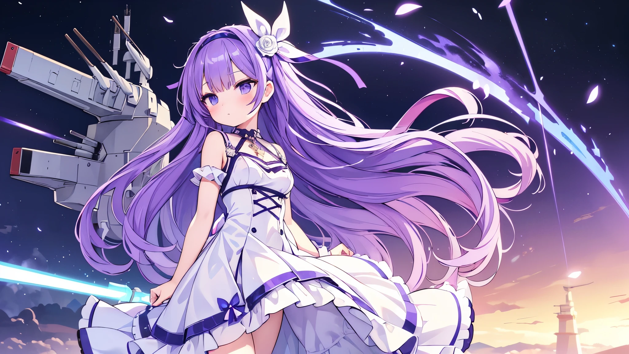 ((masterpiece, highest quality)),Best aesthetics,One girl, alone, flower, ribbon, white rose, Javelin (Azur Lane), purple hair, long hair, dark purple hairband, mechanical lance, light blue and red odd eyes, white, light blue and purple dress, transparent light blue arm ornament, lilac ribbon , small breasts,Only one side
