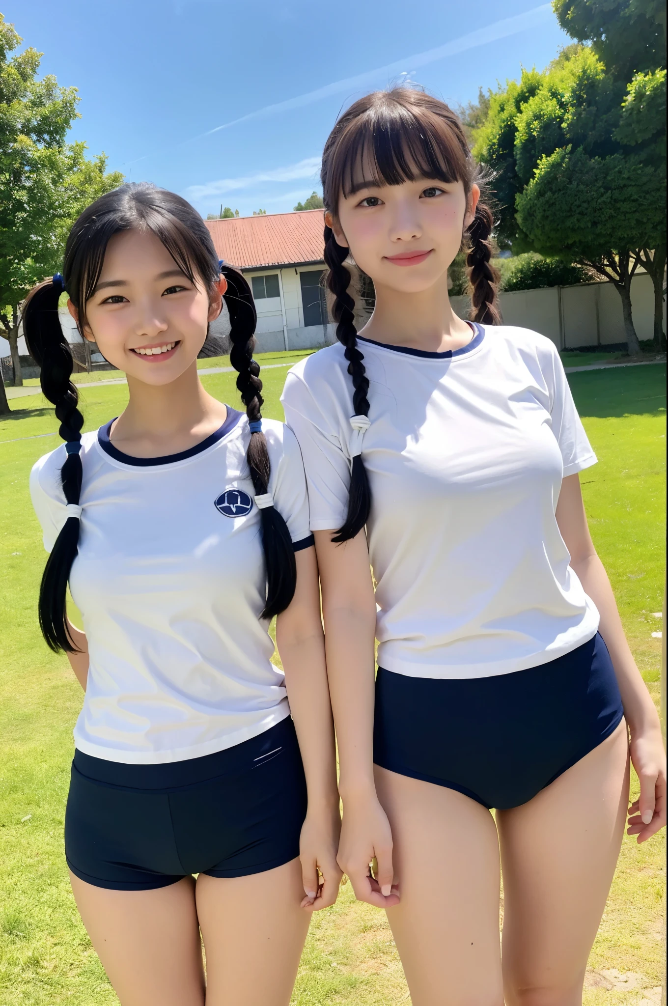 2 girls in school yard,white plain long t-shirt with navy blue piping trim,navy blue swimsuit bottom,18-year-old,bangs,a little smile,thighs,knees,short hair and pigtails with barrete,from below,front light