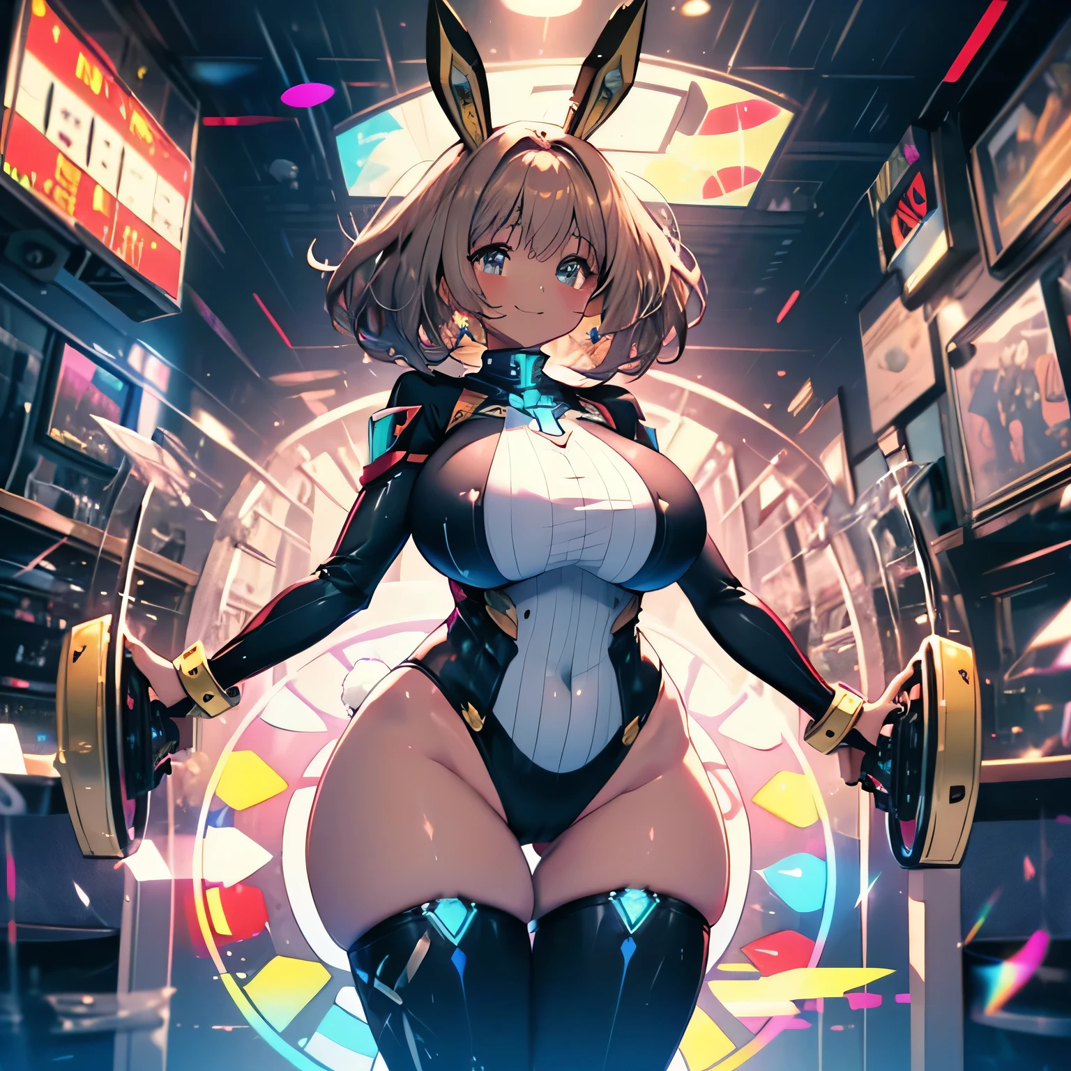 Anime illustration、highest quality、cyber punk、Xenoblade Chronicles 2、Luxury Casino、A plump bunny girl with brown skin、Giant roulette wheel、Bunny ears、Perfect proportions、Big Breasts、Thick legs、Beautiful, shining eyes、smile、Cowboy Shot