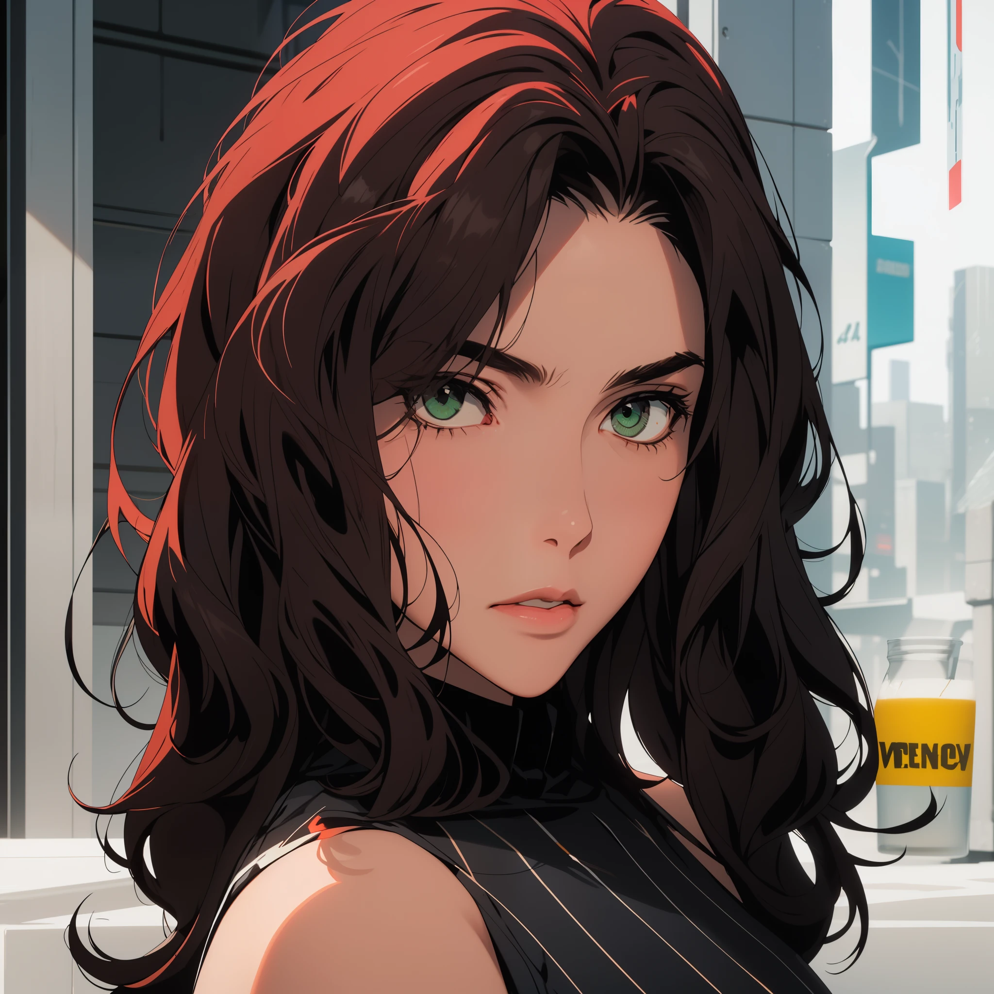 A 30-year-old woman, cabello rojo ondulado, piel clara, ojos verdes como esmeraldas, pechos grandes, Cyberpunk glossy latex set negro, selfi, , pechos grandes. cuerpo completo. manos perfectas.