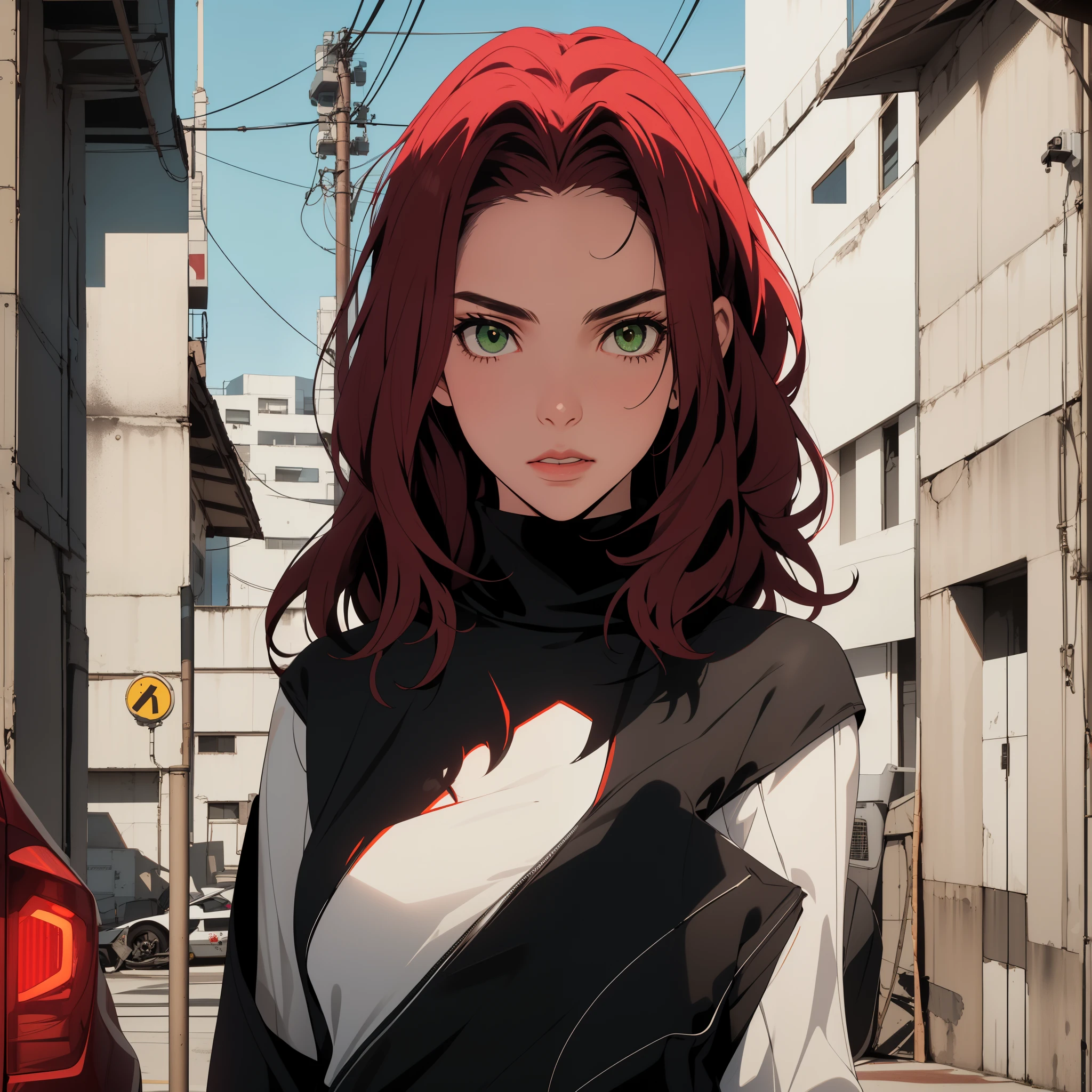 A 30-year-old woman, cabello rojo ondulado, piel clara, ojos verdes como esmeraldas, pechos grandes, Cyberpunk glossy latex set negro, selfi, , pechos grandes. cuerpo completo. manos perfectas.