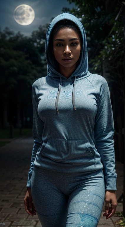RAW, 8k,Best quality, high resolution, artwork: 1.3, beautiful Malay woman in hijab, big breasts, beautiful big eyes, smiling, Intricate Details, Ultra Details, Ultra High Resolution, Masterpiece, random angles, (Delicate Blue Eyes: 1.21 ), Blue eyes, looking at the viewer, ((whole body) ), 1malay woman,((whole body)), wearing ((hoodie)),wearing leggings,whole body , standing in the park at night, beautiful face, ( ((black hijap, )),(detailed face), sensual lips, detailed face, thick thighs, perfect and detailed legs, ((moonlight)) photorealism, high contrast, photorealistic, 8k HD high definition detailed realistic, detailed, skin texture, hyper detailed, realistic skin texture, best quality, (photorealistic:1.4), high resolution, detailed, raw photo, photo realistic, (high detailed skin:1.2), 8k uhd, dslr, soft lighting, high quality, film grain, Fujifilm XT3), hyper realistic lifelike texture dramatic lighting unreal engine, even, neutral light, key light, bold, bright colours,