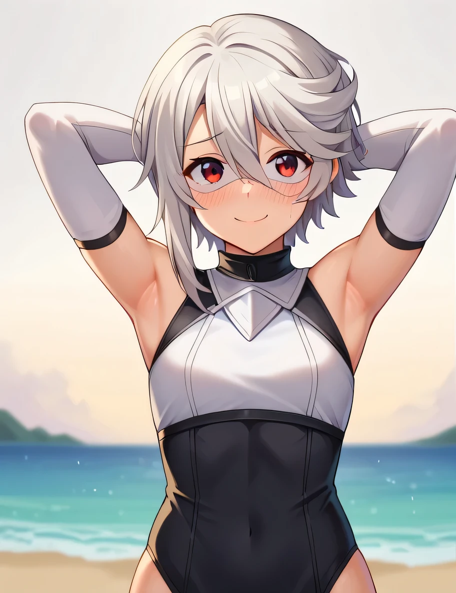 score_9,score_8_up,score_7_up BREAK
1girl,shyhero, solo, gloves, blush, closed mouth, solo, (cowboy shot:1.5), night sky, beach, {arms behind head}, contrapposto, spread armpits, looking at viewer, best quality, smile elbow gloves, white background, mask, white gloves, hair between eyes, bare shoulders, grey hair, 1girl,red eyes, nervous smile, blush