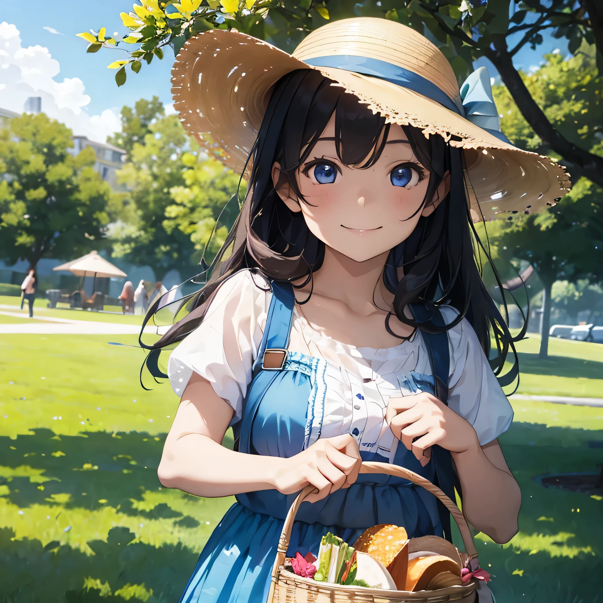 In a park with a beautiful lawn and blue sky、A 20-year-old woman with long hair is wearing a straw hat, holding a basket of sandwiches in both hands, and is smiling while wearing a floral dress.、from the front、Upper body all、Don't cut off the head