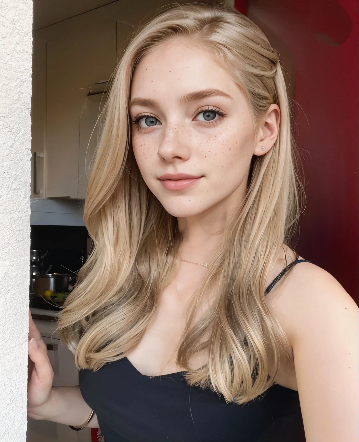 mulher, americana, 25 anos, pale skin and freckles, olhos cinzas, nariz delicado, soft and delicate lips, longo, cabelo blondie longo e ondulado na altura da cintura, sorriso meigo, face with delicate feminine facial features, altamente renderizado