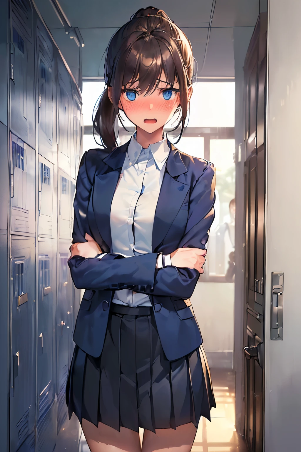 ((best quality)), ((masterpiece)), ((detailed)), (((perfect face))), (((small bust))), (((slender 18yo woman))), (((dark blue suit jacket))), ((dark blue pleated skirt from waist to thighs))), ((dark brown hair)), ((short ponytail)), (((blue eyes))), ((blushing:1.5)), (((looking at viewer))), (((((white shirt))))), (((standing))) (((interior corridor, lockers, windows))), (((surprised:1.5))), (((wide open mouth))), (((arms by side)))