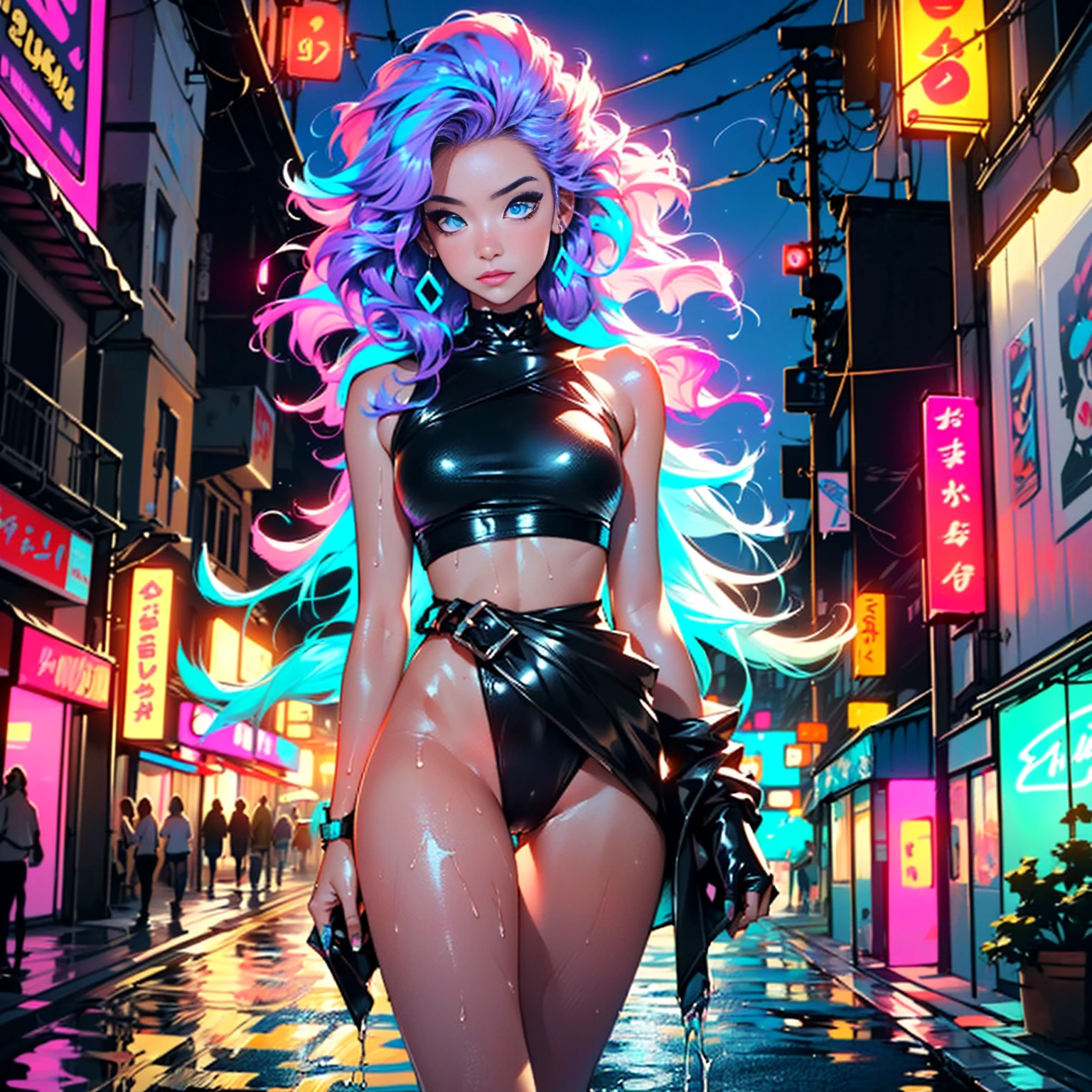 cute cartoon girl,(((1girl))),((extremely cute cartoon girl with liquid paint hair)), (((very long hair,absurdly long hair,hair down to the waist,liquid paint hair:1.1,neon purple hair|neon pink hair|neon blue hair|neon aqua hair|purple hair|fuchsia hair|fluorescent blue hair|amethyst hair|neon hair|bright pink hair :1.5,bright hair: 1.3,hair made of paint and defies gravity,thick flowing,paint splatter:1.3,shiny hair: 1.3,vibrant colored hair))),((heterochromia:1.5,eye1 purple,eye2 pink,upturned eyes:1.erfect eyes,beautiful detailed eyes,finely detailed beautiful eyes:1,symmetrical eyes:1)),((fat)),(((lustrous skin:1.5,bright skin: 1.5,skin tanned,shiny skin,very shiny skin,shiny body,plastic glitter skin,exaggerated shiny skin,illuminated skin,wet legs))),(athletic body,delicate detailed fingers,detailed body,human hands,(detailed face)),cute,seductive
(((liquid paint clothes,clothes made of liquid paint,body paint))),with liquid paint micro clothes,body paint,dripping paint,liquid paint tiny thong,bare legs,((wet liquid paint clothes,detailed outfit,detailed liquid paint clothes)),(dynamic pose:1.0),solo focus,embarrassed,(centered,scale to fit dimensions,Rule of thirds),cyberpunk city by the ocean at night, with bright neon signs and dark stormy clouds and puddles,High resolution, sharp focus, (ultra detailed, extremely detailed), (photorealistic artwork:1.37), 8k wallpaper,((synthwave background theme)),((vibrant colors)),(intricate),masterpiece,(best quality),