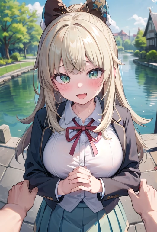 masterpiece,16k,8k,Delicate expression,highest quality,high resolution,High resolution,Sweat,1girl,look at viewer,blush,happy smile,sweat stains,steam,wet,fish eye lens,cowboy shot,spling,large breast,from front,from above,(focus face:1.2),(pov:1.4),fisheye lens,upper body,open mouth,happy smile,show oral,blazer,skirt,blond hair,green eyes,cat eyes , hold hands, river side,sakura tree