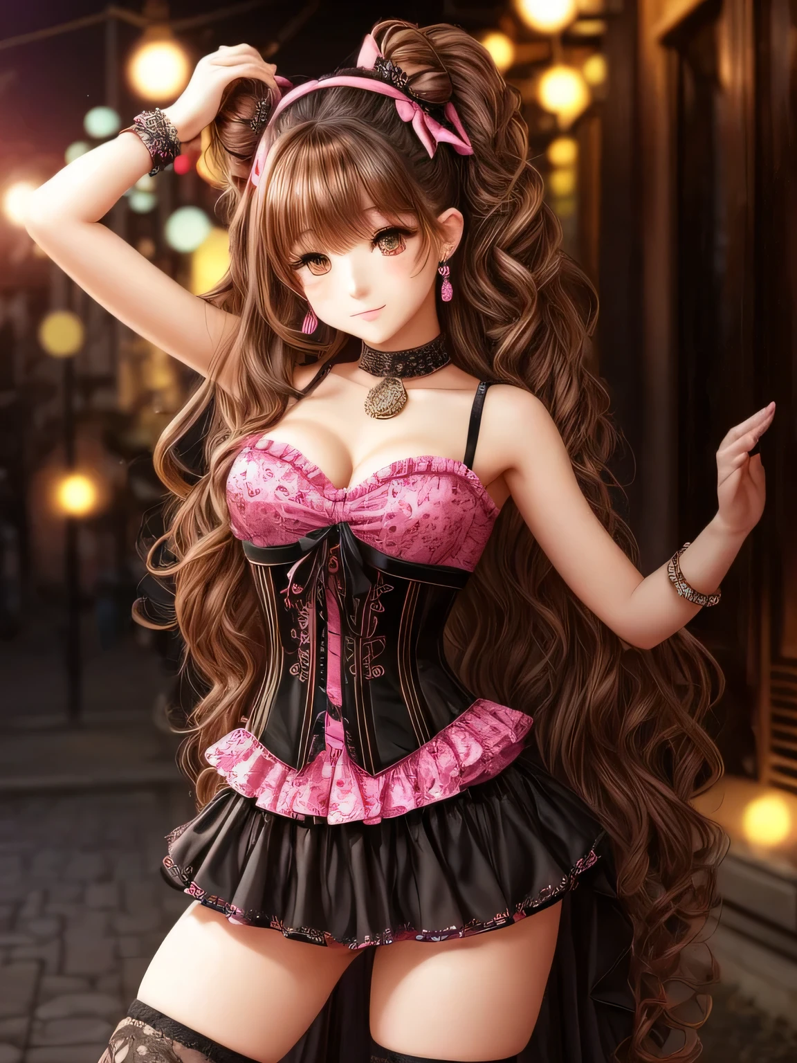 A girl with curly, dark blonde hair and an oval face. She has round, doe eyes with brown color and manga-style eyelashes. She is wearing gyaru makeup and animal print clothes, which reflect her gyaru clothing style. Her outfit consists of black and pink colors, with a corset and skirt adorned with bows. She has long, pink nails and wears earrings with pom poms. The girl poses cutely, radiating a sense of charm and innocence.
The image should be of the best quality, with a resolution of 4k or higher. It should be ultra-detailed and have a photorealistic effect with a strength of 1.37. The lighting should be vibrant and evoke a studio-like atmosphere. The colors should be vivid and the image should have a bokeh effect in the background. The overall style of the image should be in line with portraits and anime. The colors should be vibrant and colorful, with a soft, warm light illuminating the scene.
