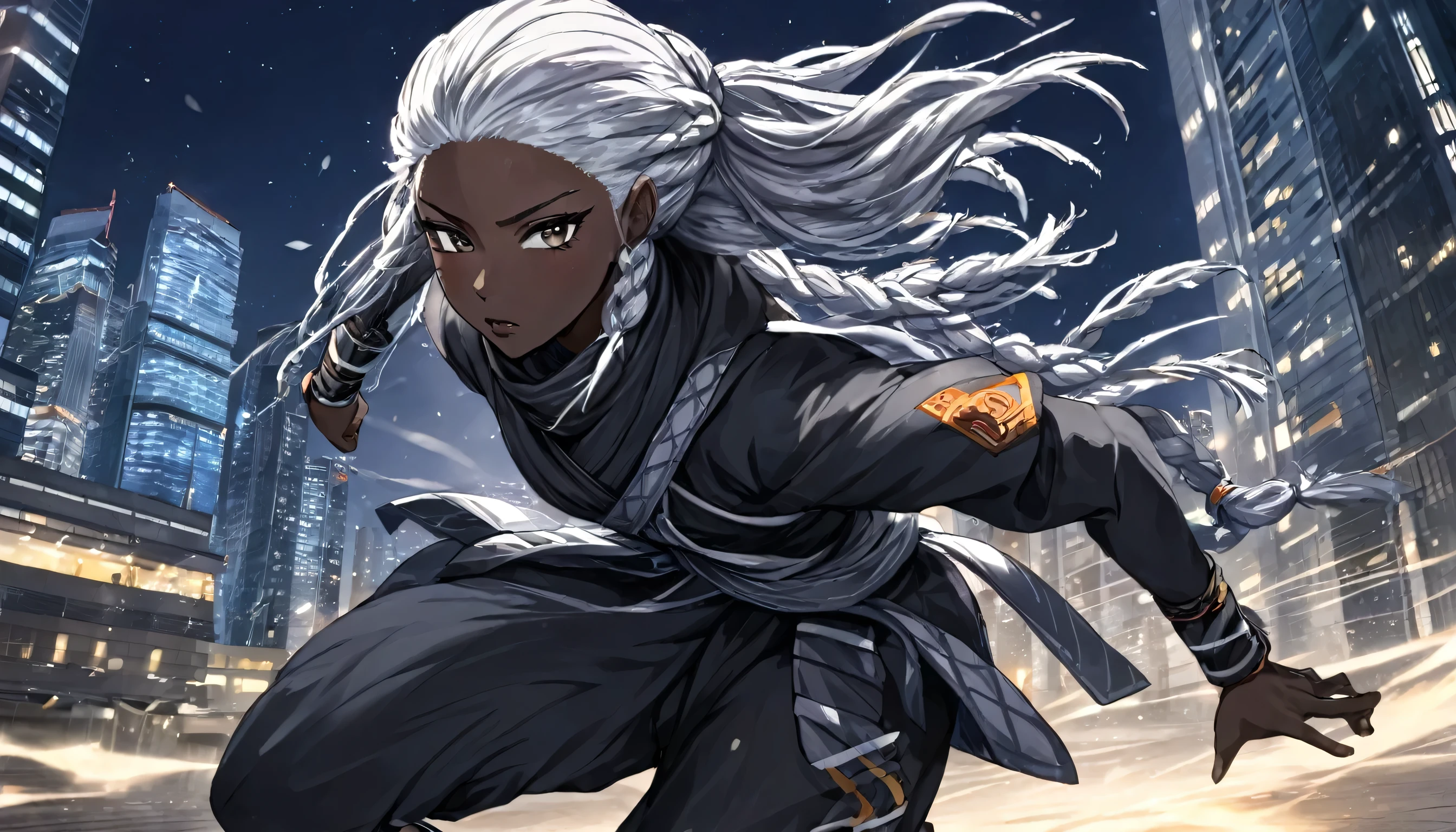 panoramic , side view, ((Ninja style)), ((in a ninjai Costume)) (solo, black skin, Dreadlocks:1.2 silver hair long hair beautiful kunoichi elf, detailed silver eyes, 1000 yo, , serious face), ((running with effect wind)), break, (in the Skyscraper, in night), perfect anatomy, masterpiece, best quality, 16k.