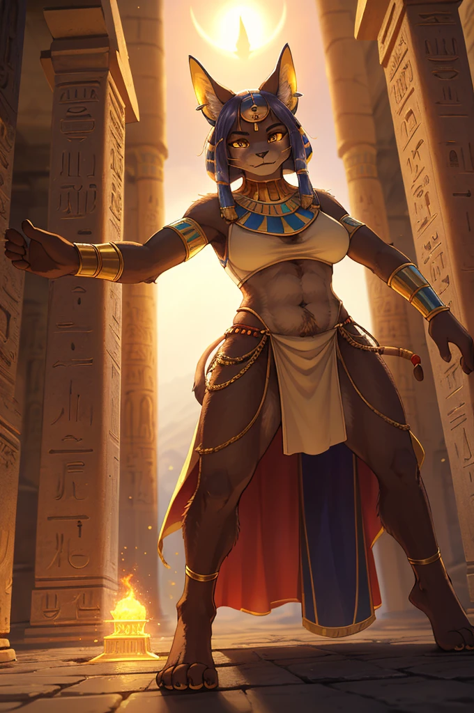 Bokeh , dynamic angle , hairy Bastet woman , realistic hairy fur , mature Model Body Type , mature Model  face , Hair ties , Ancient Egyptian neat clothing , in the ancient Egypt , dynamic Mysterious pose , (Servant around) , Rituals , temple , Red sun , action movie