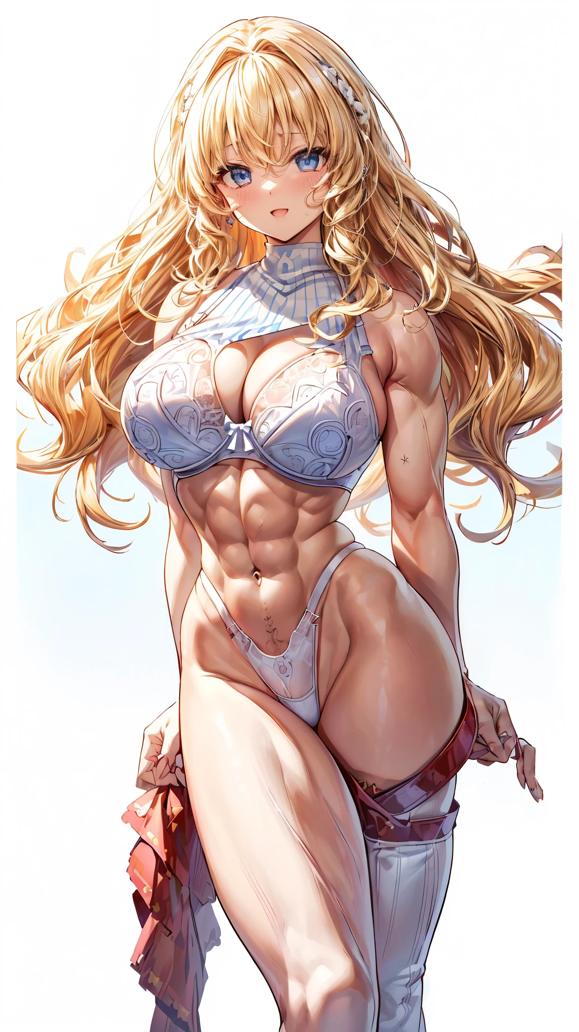 Very detailed、highest quality、Best image quality、masterpiece、8k、Anime Face、A kind smile、(Open your mouth:1.3)、Sparkling blue eyes、(Blonde Wavy Hair:1.5)、(Muscles of the whole body:1.3)、(highleg:2.0)、Thigh belt、(Cowboy Shot:1.5)、(SFW Giant)、(Thick body:1.2)、(bra:1.5)、(sxspnts)、(White background:1.5)