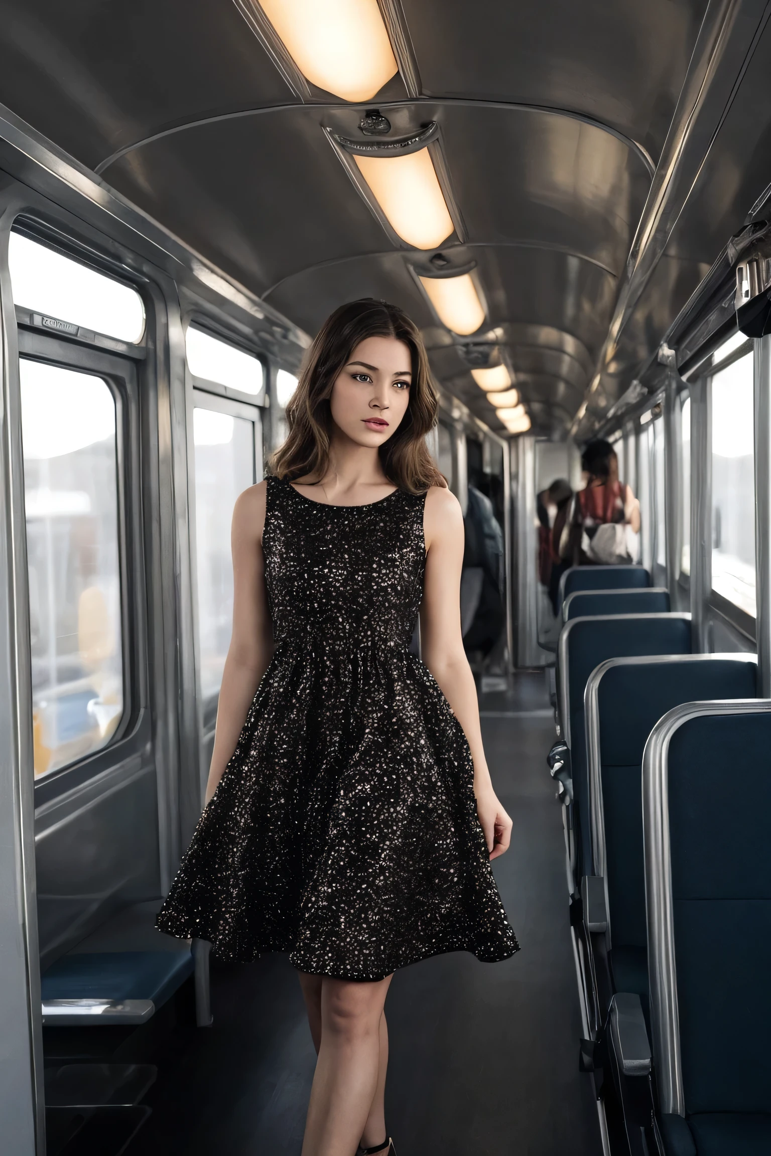 real, cinematic, high quality, Beautiful young Female ,Dress ,train