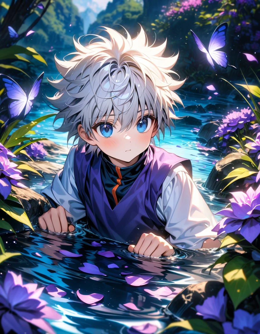 absurdres, highres, ultra detailed, HDR, master piece, best quality, Killua Zoldyck, white hair, expressive blue eyes, Hunter x Hunter, solo, man, cute, water, purple butterflies, purple flowers, petals