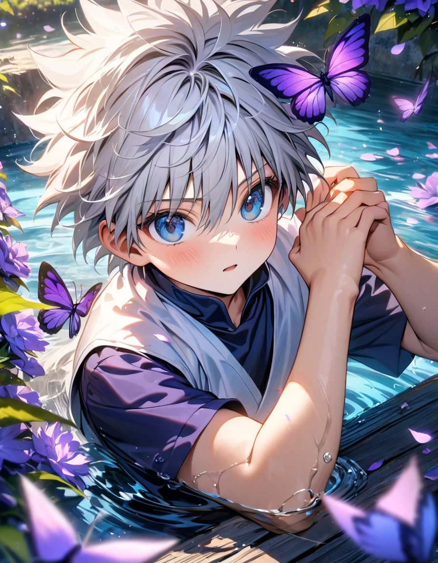 absurdres, highres, ultra detailed, HDR, master piece, best quality, Killua Zoldyck, white hair, expressive blue eyes, Hunter x Hunter, solo, man, cute, water, purple butterflies, purple flowers, petals