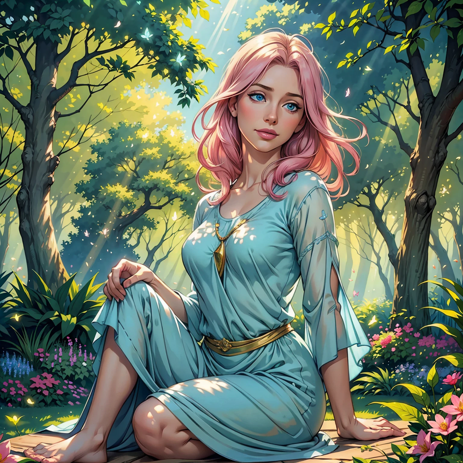 (best quality,realistic,1girl),40 years old,very detailed blue eyes,very detailed pink lips,gold hair,short,t-shirt,cozy ambience,soft lighting,tranquil ambiance,full body,pleasant garden,butterflies,floating flowers,peaceful atmosphere,lush greenery,serene moment,delicate features,subtle smile,sparrows chirping,relaxed pose,gentle breeze,harmonious colors,natural beauty,dewdrops on leaves,calm expression,serenity and tranquility,sun-kissed glow,whisper of leaves,rays of sunlight filtering through trees,sun-dappled shade,harmony with nature,contemplative mood,sublime tranquility