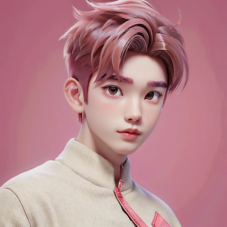 best quality, 1boy, solo, cartoon portrait , background, short hair, pink lips, red hair, wearing red varsity jacket,medium body shot