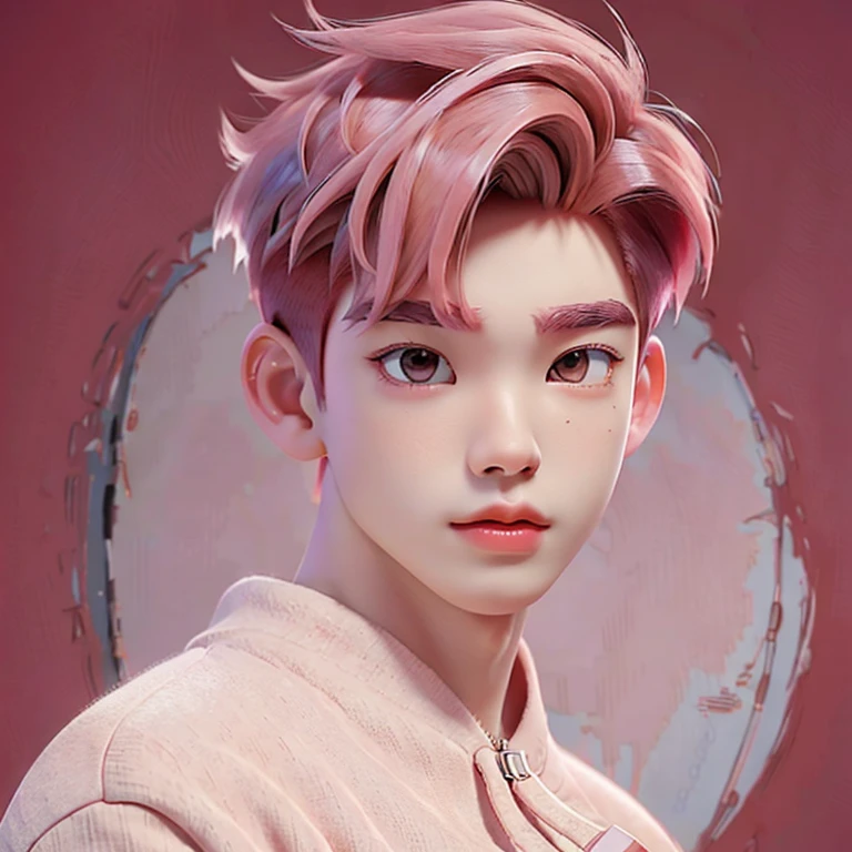best quality, 1boy, solo, cartoon portrait ,  background,  short hair,   pink lips, red hair, wearing red varsity jacket,medium body shot