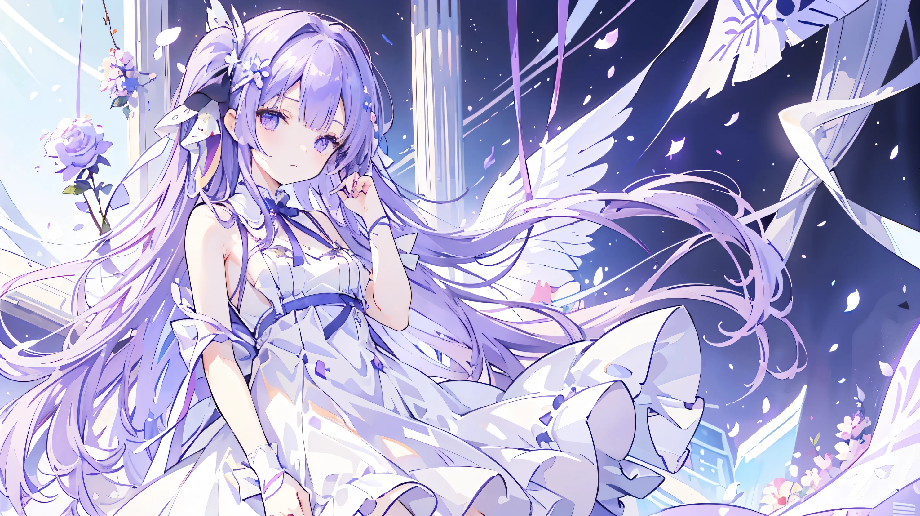 ((masterpiece, highest quality)),Best aesthetics,One girl, alone, flower, ribbon, white rose, Javelin (Azur Lane), purple hair, long hair, dark purple hairband, mechanical lance, light blue and red odd eyes, white, light blue and purple dress, transparent light blue arm ornament, lilac ribbon , small breasts,Only one side wing