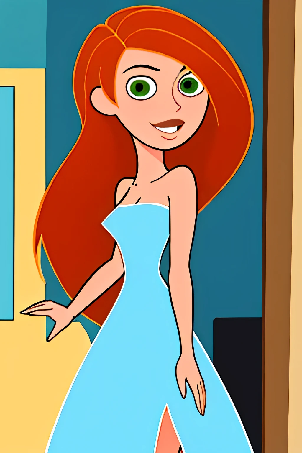 (masterpiece, best quality:1.3), 1girl, looking at viewer, kimberly ann possible, parted lips, upper body, standing, collarbone, bare shoulders, blush, colored skin, orange hair, absurdly long hair, green eyes, (skindentation:1.2), strapless, black dress, y posing, standing, medium breonytail, seductive smile, cowboy shot, hallway