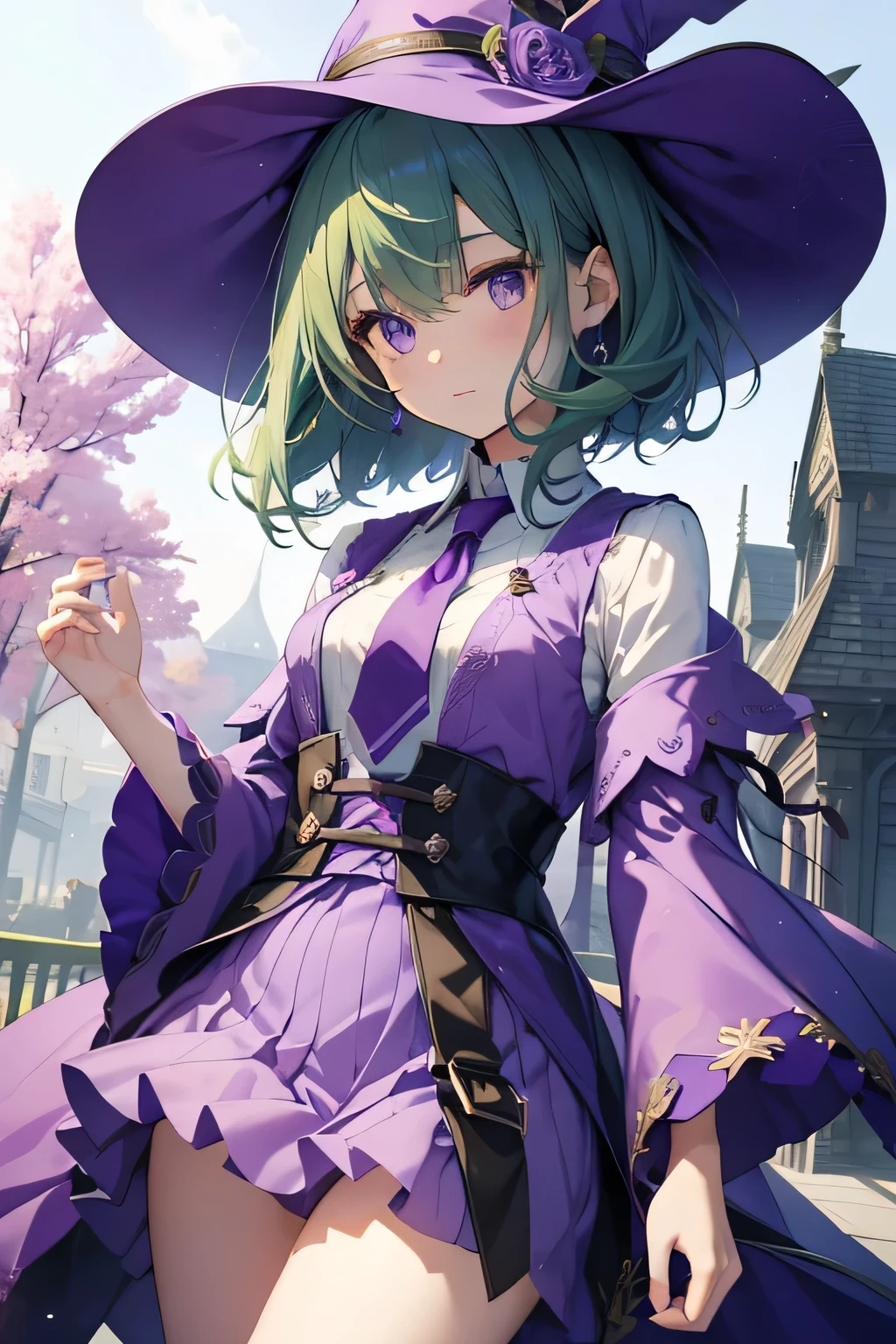 highest quality、Very delicate and beautiful、(Teenage Girls)、Beautiful eyes、Beautiful Eyes、Purple Eyes、Green Hair、Short-haired、(Purple Witch Hat)、Purple tie、I、Short sleeve、Purple Skirt,Purple Wizard Robe、belly button、standing、Facing forward