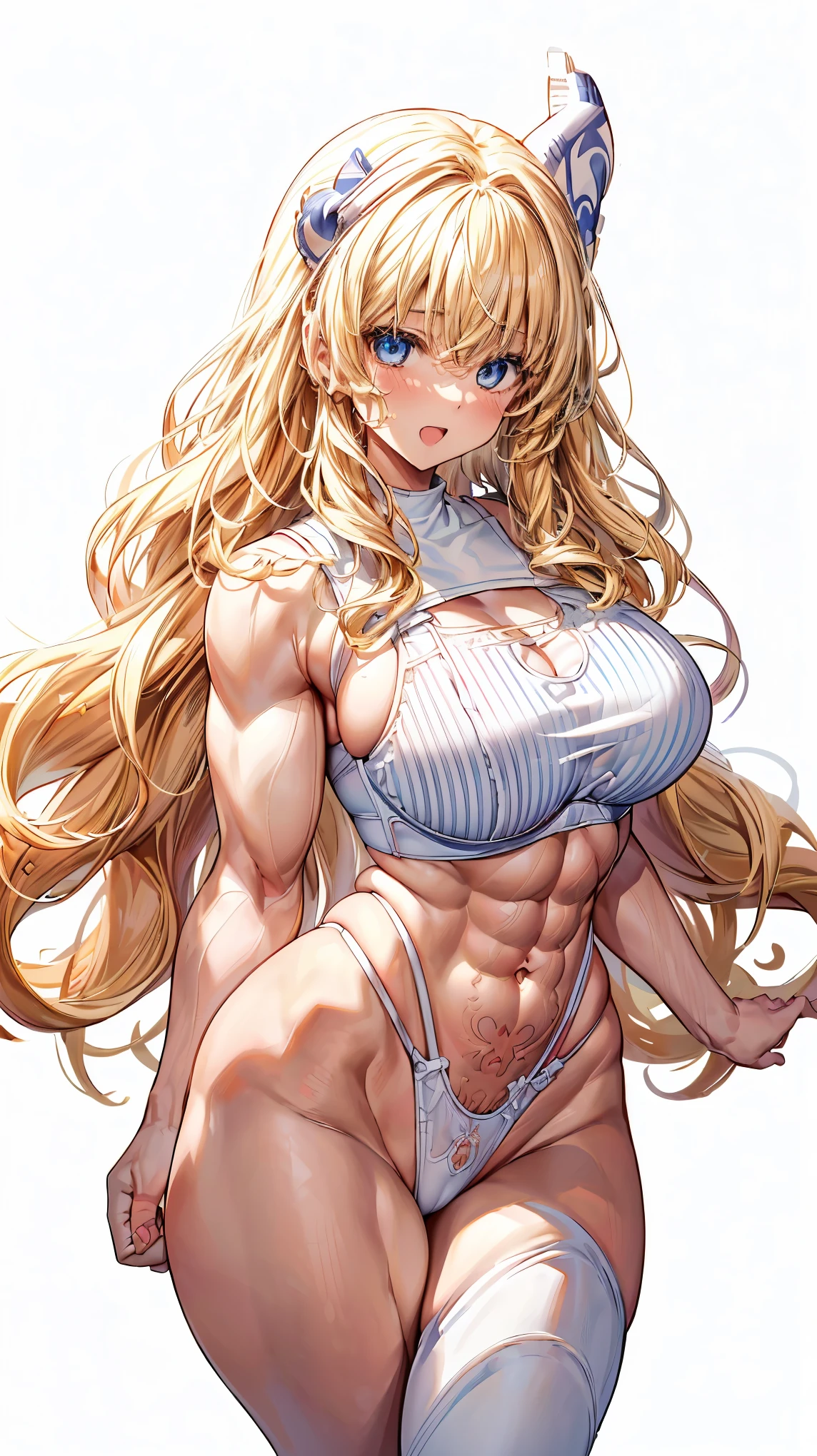 Very detailed、highest quality、Best image quality、masterpiece、8k、Anime Face、A kind smile、(Open your mouth:1.3)、Sparkling blue eyes、(Blonde Wavy Hair:1.5)、(Muscles of the whole body:1.3)、(highleg:2.0)、Thigh belt、(Cowboy Shot:1.5)、(SFW Giant)、(Thick body:1.2)、(bra:1.5)、(sxspnts)、(White background:1.5)