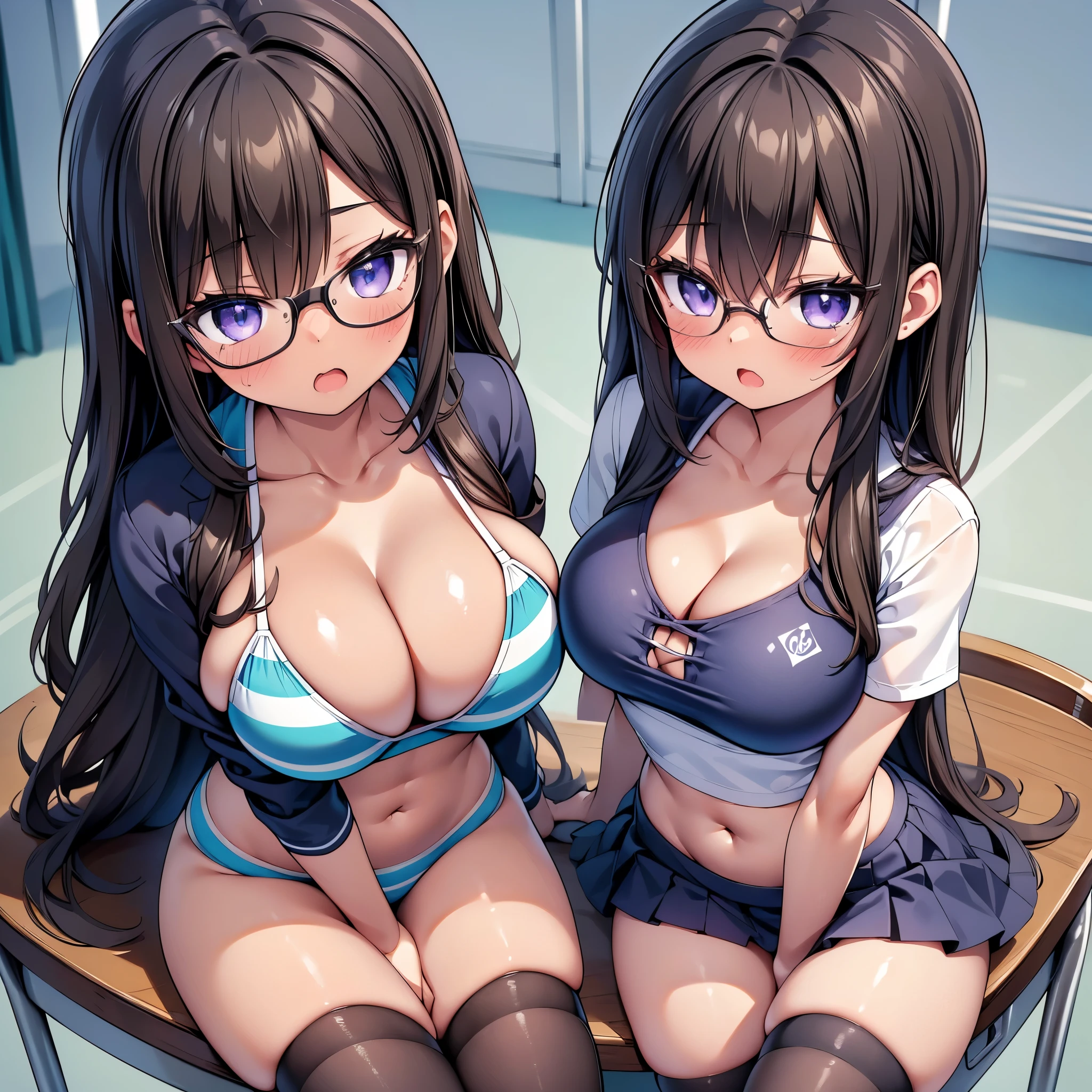 (cute eyes:1.2), (sparkling eyes:1.2), (8K、Best image quality、highest quality、masterpiece)、Detailed face、(2 girls, (Brown Skin:1.3))、Improve、(Black Hair, Purple Eyes, Glasses, long hair)、(open mouth), (embarrassed), (skinny body:1.3),(huge breast), (Light blue striped micro bikini:1.1), (cleavage), (crop top navel), Sit on a chair, Classroom Background, (black stockings:1.1), (Thighs:1.1), (Waistline:1.1),(close-up shot of bust), (from above:1.2)