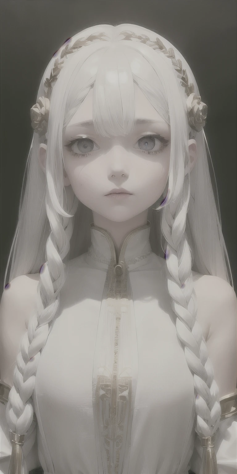 best quality, masterpiece,white hair, gold eyes,white clothes, looking up, upper body,hair strand,Fair skin,side braids