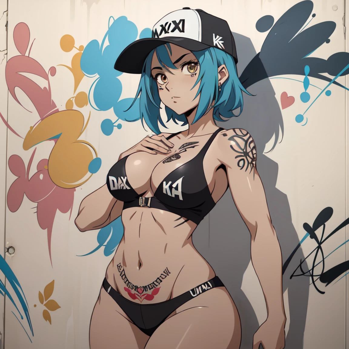 estilo anime, mujer grafitera, grafiti en la pared, desnuda contra la pared, gorra de lado, colores vivos, buena figura, buenas curvas, tatuajes maxima calidad, ultra detallado, 8K, cuerpo entero