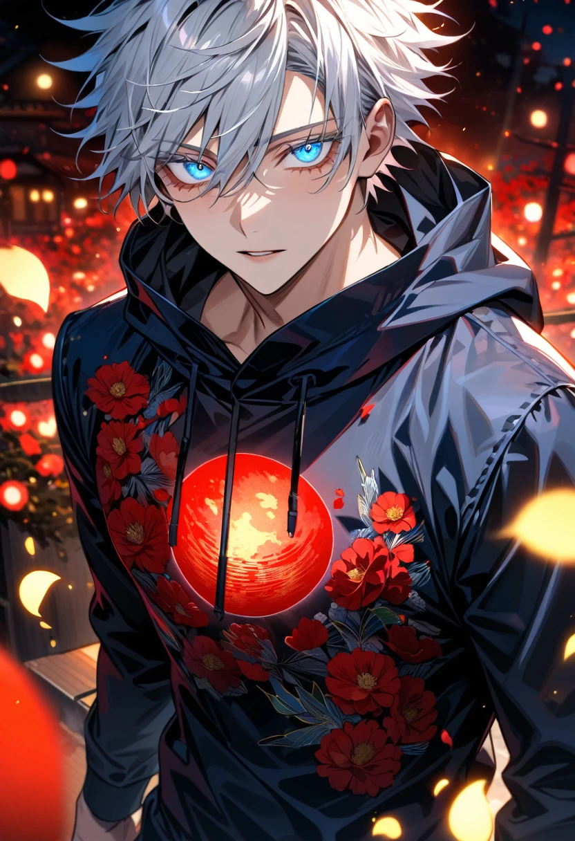 Ultra detailed, Highres, absurdres, HDR, Gojo Satoru, white short hair with bangs, expressive blue eyes, white eyelashes, hair between the eyes, Jujutsu Kaisen, black clothes with patterns with a hoodie, sexy man, solo, red flowers, shining fireflies, handsome, petals, shining red lights, shining red moon, toned chest, extremely detailed eyes and face, master piece,