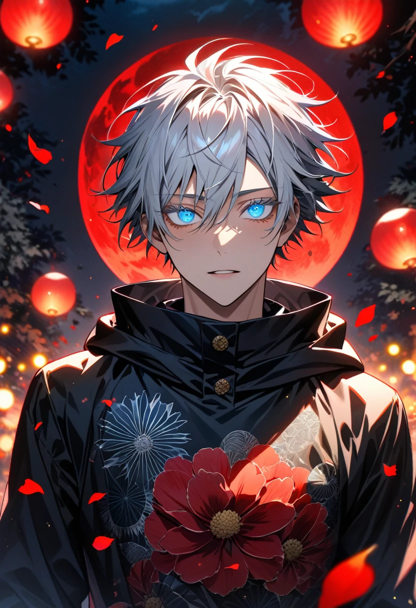 Ultra detailed, Highres, absurdres, HDR, Gojo Satoru, white short hair with bangs, expressive blue eyes, white eyelashes, hair between the eyes, Jujutsu Kaisen, black clothes with patterns with a hoodie, sexy man, solo, red flowers, shining fireflies, handsome, petals, shining red lights, shining red moon, toned chest, extremely detailed eyes and face, master piece,