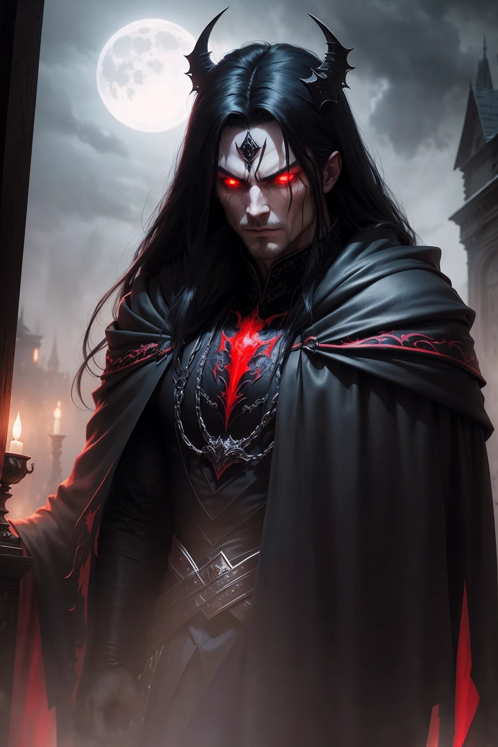 a dark muscular male evil lord, long flowing black hair, black and red cloak, piercing red eyes, menacing expression, powerful aura, standing in a dimly lit chamber,, casting eerie shadows, , adorned with intricate details, with a sinister grin, exuding an aura of darkness, with an intimidating presence, in a gothic castle, with imposing architecture, shrouded in mist, under a blood-red moon, with a storm brewing in the background, creating a foreboding atmosphere, reminiscent of a dark fantasy novel cover, with a dramatic lighting, emphasizing the contrast between light and shadow, evoking a sense of mystery and danger, with a touch of supernatural elements and captivating artistry."