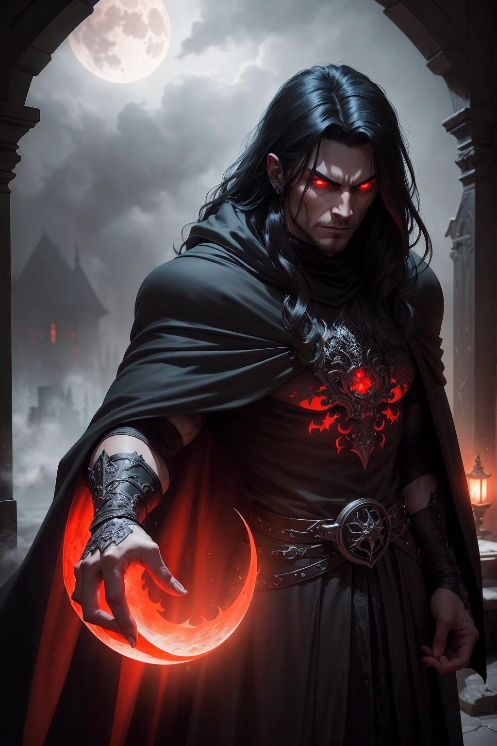 a dark muscular male evil lord, long flowing black hair, black and red cloak, piercing red eyes, menacing expression, powerful aura, standing in a dimly lit chamber,, casting eerie shadows, , adorned with intricate details, with a sinister grin, exuding an aura of darkness, with an intimidating presence, in a gothic castle, with imposing architecture, shrouded in mist, under a blood-red moon, with a storm brewing in the background, creating a foreboding atmosphere, reminiscent of a dark fantasy novel cover, with a dramatic lighting, emphasizing the contrast between light and shadow, evoking a sense of mystery and danger, with a touch of supernatural elements and captivating artistry."