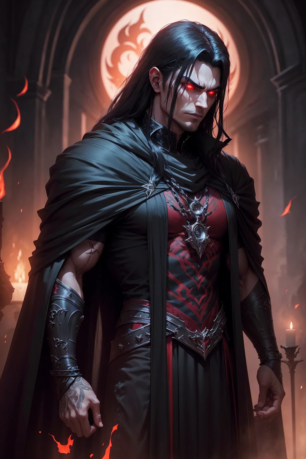a dark muscular male evil lord, long flowing black hair, black and red cloak, piercing red eyes, menacing expression, powerful aura, standing in a dimly lit chamber,, casting eerie shadows, , adorned with intricate details, with a sinister grin, exuding an aura of darkness, with an intimidating presence, in a gothic castle, with imposing architecture, shrouded in mist, under a blood-red moon, with a storm brewing in the background, creating a foreboding atmosphere, reminiscent of a dark fantasy novel cover, with a dramatic lighting, emphasizing the contrast between light and shadow, evoking a sense of mystery and danger, with a touch of supernatural elements and captivating artistry."