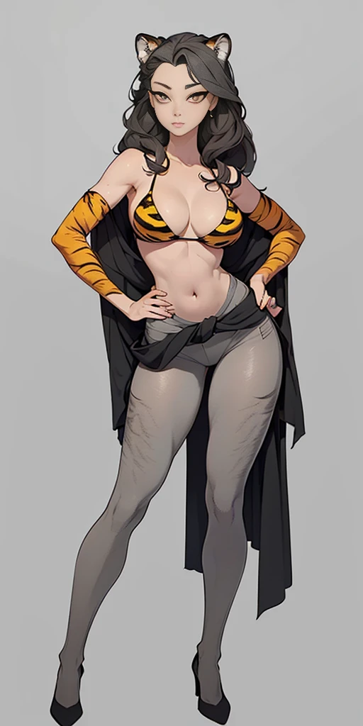 ((Masterpiece, plain background,1:2, masterpiece)) full body standing straight symmetrical against contrapposto yellow tiger print BIKINI stockings sleeves, hands on waist hips, navel, (Vladilena Milize) (grey eyes:1.5) grey long hair, hair between eyelashes