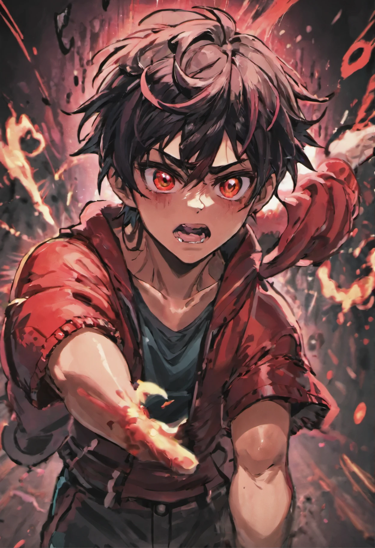 fotografia aproximada, adolescente Sad, interior of Japan, 16 anos, lost his parents and seeks revenge on those who killed them. Ele tem 1.78 de altura, olhos vermelhos, black and messy hair.