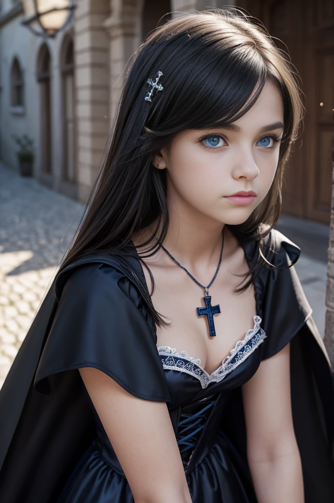 TeEn girl, evil, teenager(1.3),13 years old, teen girl, small breats, black hair and blue eyes, detailed face, ,cleavage, dress with cape, desing with christian cross ,background in prussia