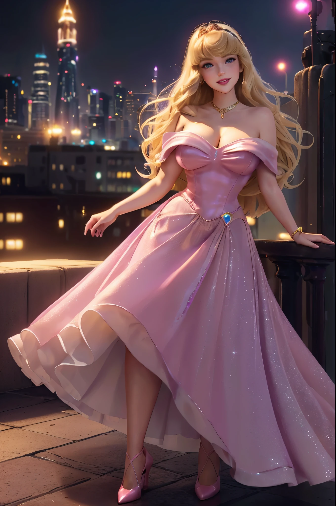 DisneyAurora (((1girl))) 27 years old, ((( Taylor Swift:Emma Stone:0.7))) Beautiful woman (((shoulder length wavy blonde hair))) (bangs:1.2) (sparkling light pink dress, long skirt with matching heels) iridescent clothing (purple eyes) defined body, Red lipstick, smiling, hands free, standing, rooftop high tech cyberpunk city night, (huge_breasts:1.4) (curvy:1.3)(chubby:1.1)