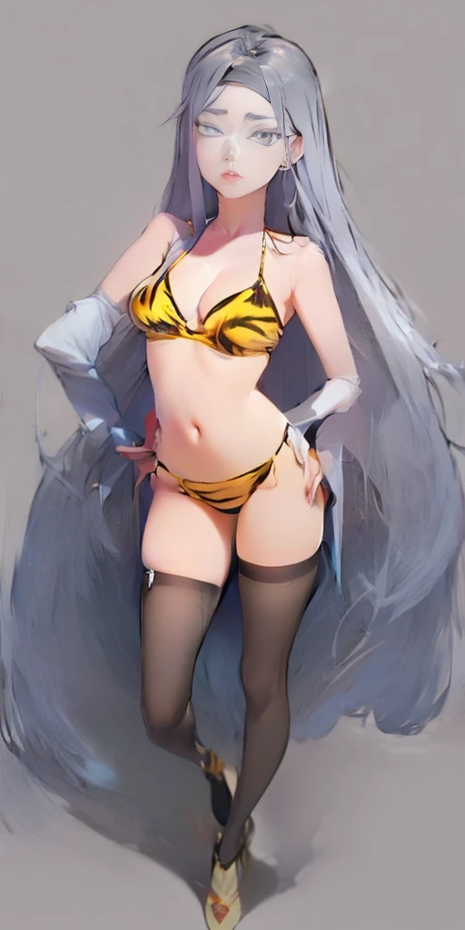 ((Masterpiece, plain background,1:2, masterpiece)) full body standing straight symmetrical against contrapposto yellow tiger print BIKINI stockings sleeves, hands on waist hips, navel, (Vladilena Milize) (grey eyes:1.5) grey long hair, hair between eyelashes
